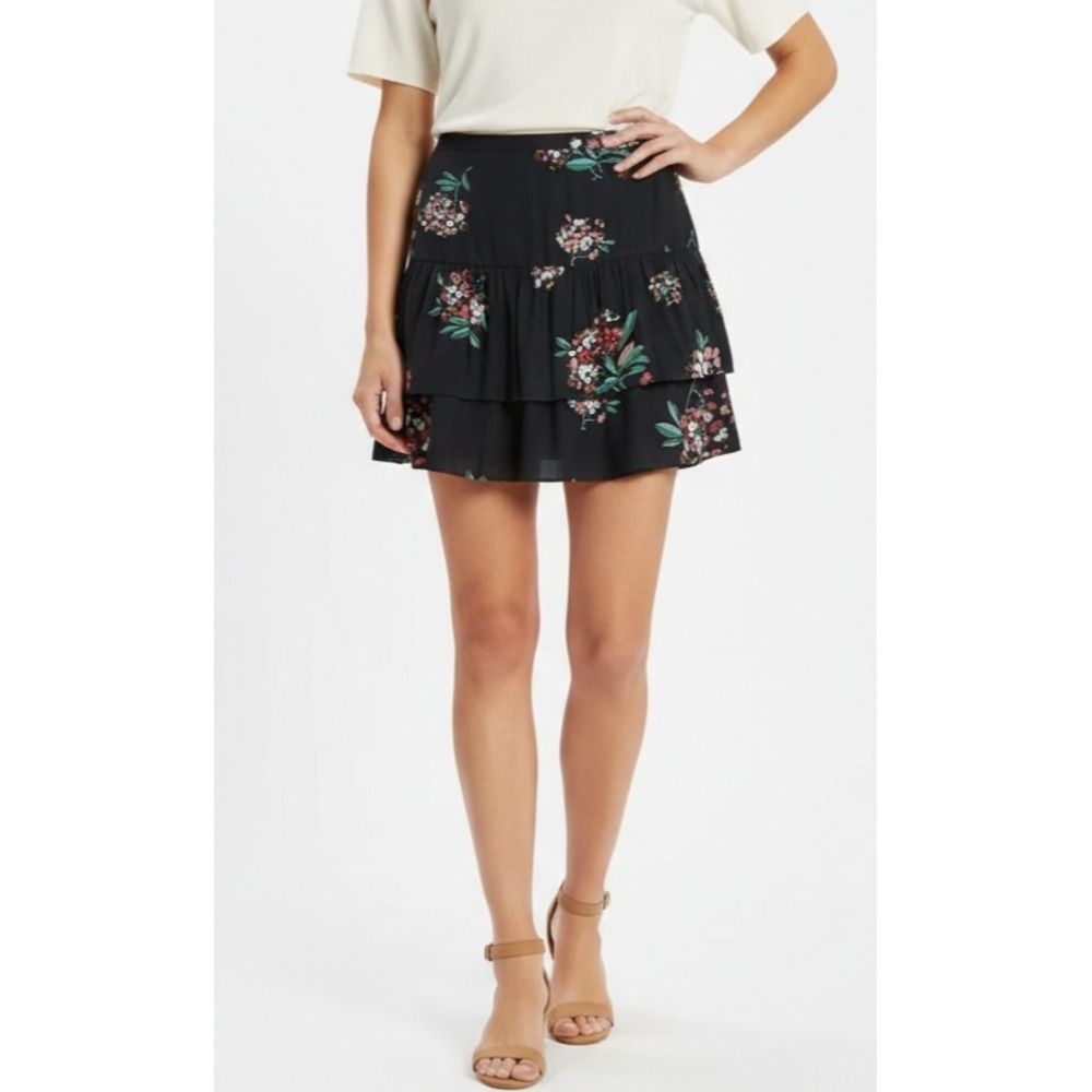 LOFT Floral Tiered Ruffle Mini Skirt SZ 12 Navy Blue Pink Boho Flowy New w/ Tag